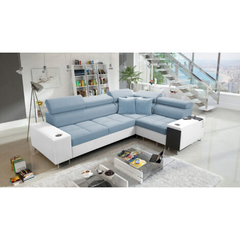 Elegantes Ecksofa mit Konsole und Ladegerät MORENA II Kunstleder/Uttario Velvet Weiß/Blau Rechts