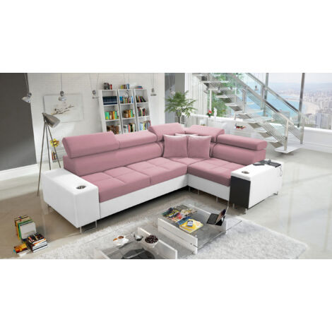 Elegantes Ecksofa mit Konsole und Ladegerät MORENA II Kunstleder/Uttario Velvet Weiß/Rosa Rechts