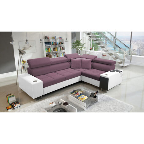 Elegantes Ecksofa mit Konsole und Ladegerät MORENA II Kunstleder/Uttario Velvet Weiß/Violett Rechts