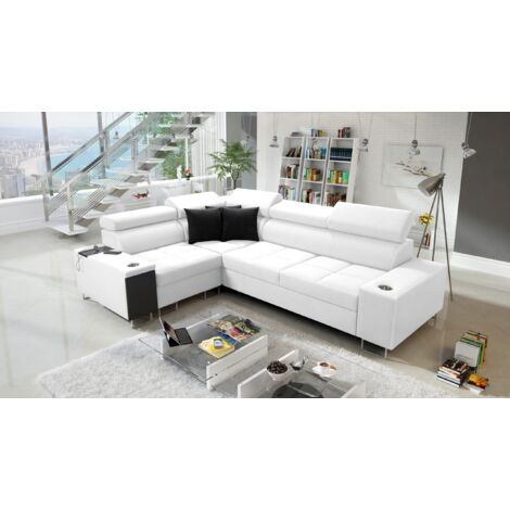 Elegantes Ecksofa mit Konsole und Ladegerät MORENA II Kunstleder Weiß Links