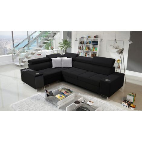 Elegantes Ecksofa mit Konsole und Ladegerät MORENA II Sawana Schwarz Links