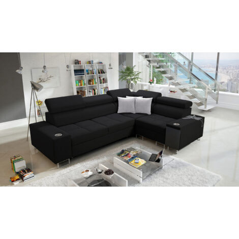 Elegantes Ecksofa mit Konsole und Ladegerät MORENA II Sawana Schwarz Rechts