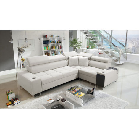 Elegantes Ecksofa mit Konsole und Ladegerät MORENA II Uttario Velvet Ecru Rechts