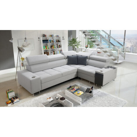 Elegantes Ecksofa mit Konsole und Ladegerät MORENA II Uttario Velvet Hellgrau Rechts