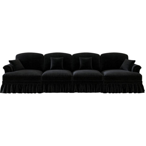 Elegantes großes 4-Sitzer Sofa im Mid-Century-Stil aus Chenille mit Trichter-Armlehnen, abnehmbarer Rüschenschürze & spindelförmigen Beinen – Komfortables Wohnzimmer-Sofa,Schwarz