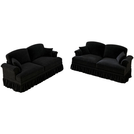 Elegantes Mid-Century L-förmiges 2-Sitzer Sofa aus Chenille mit Trichter-Armlehnen, abnehmbarer Rüschenschürze, spindelförmigen Beinen & beweglichem Hocker,Schwarz