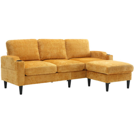 Elegantes Sofa mit Hocker & Stauraum – 4-Sitzer mit bequemen Armlehnen, Getränkehalter, Seitentaschen & robusten Kunststofffüßen, Samtbezug für hautfreundlichen Komfort