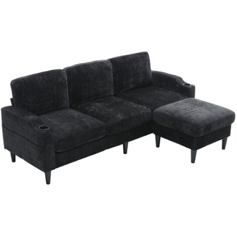Elegantes Sofa mit Hocker & Stauraum – 4-Sitzer mit bequemen Armlehnen, Getränkehalter, Seitentaschen & robusten Kunststofffüßen, Samtbezug für hautfreundlichen Komfort