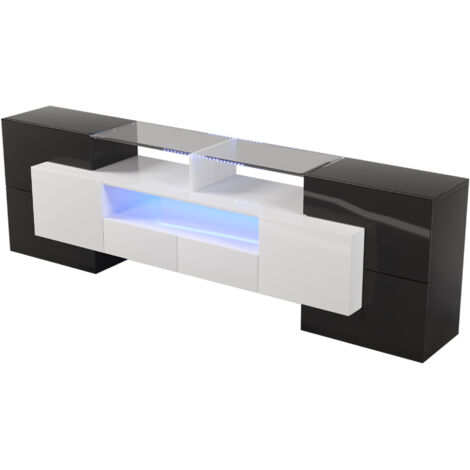 Elegantes TV-Möbel, niedriges Panel. 200 cm glänzend weiße und schwarze LED-Beleuchtung Wohnzimmermöbel. Modernes Design. Glatte Glasoberfläche