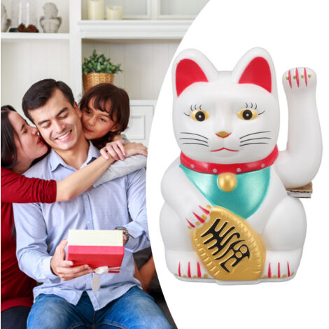 Elektrische Glückskatze – 12,7 cm große weiße Maneki-Neko-Glückskatze für Restaurants und Hotels – batteriebetriebene Glückskatze 0255C mit Papieretiketten