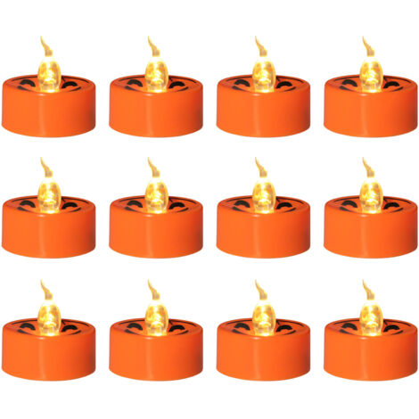 Elektrische Halloween-Kerzen in Orange – 12 flammenlose LED-Kerzen, 3,6 cm Durchmesser, warmgelbes Flackern, Kunststoff, CR2032-Batterie