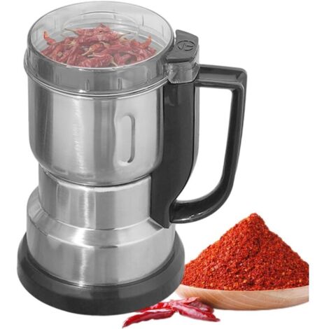 Elektrische Kaffeemühle aus Edelstahl zum Mahlen von Bohnen, Gewürzen, Getreide, Reis und trockenen Lebensmitteln kompakt und mit praktischem Griff.
