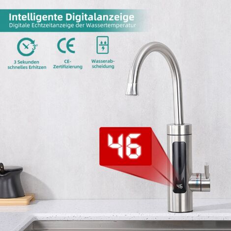 Elektrische Küchenarmatur mit Durchlauferhitzer, Smart Heater Wasserhahn 360° drehbar, Edelstahl Wasserhahn Küche mit LED Temperaturanzeige, Elektrisch Durchlauferhitzer für Bad/Küche