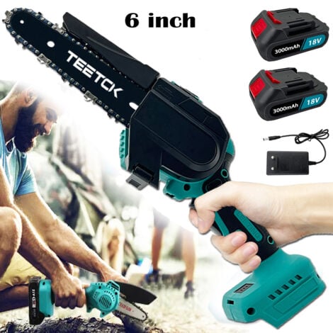 TEETOK Elektrische Mini-Kettensägen, kleine kabellose elektrische Garten-Kettensäge, Holzschneider, 6-Zoll-Säge mit Kettensägen + 2 x 3,0-A-Batterien + Ladegerät, Kompatibel mit Makita-Akku