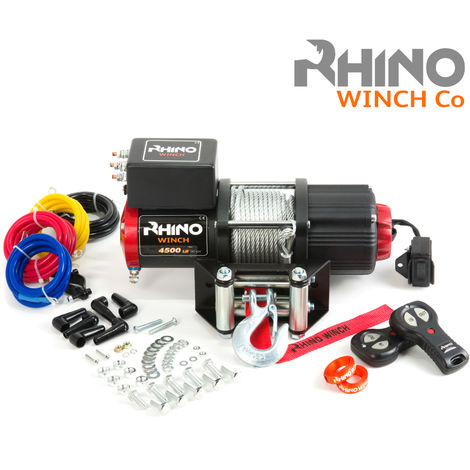 RHINO WINCH Elektrische Seilwinde RHINO 12 V 4500 lb / 2040 kg Stahlkabel Schwarz mit Zwei Drahtlosen Fernbedienungen - 2 Jahre Garantie