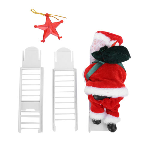 Elektrische Weihnachtsdekoration – Weihnachtsmann klettert Leiter hinauf mit fünfzackigem Stern für den Weihnachtsbaum