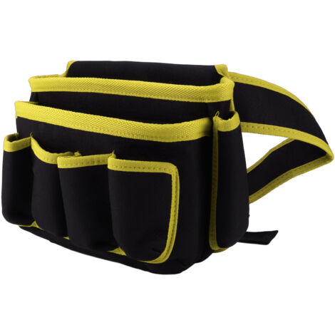 Elektrische Werkzeugtasche mit mehreren Fächern, verstellbarem und multifunktionalem Werkzeuggürtel, gelber Zierstreifen.