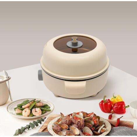 Elektrischer Hot Pot, Mini Elektrischer Kochtopf Dampfkocher Rund Tragbare 2.2L Antihaft Elektro Bratpfanne mit Dampfgarer & Deckel Multi-Kocher für Haushalte, Büros, Ausflüge (Khaki)