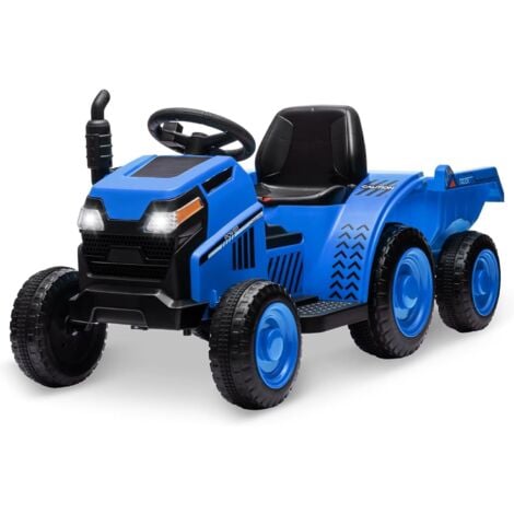 LUNSY Elektrischer Kindertraktor mit abnehmbarem Anhänger, 6-V-Elektroauto mit Hupe, USB, LED-Lichtern und Musik, für Kinder ab 3 Jahren, Blau