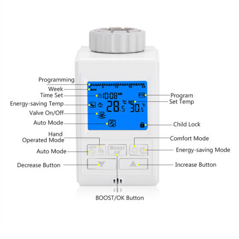Elektrischer Thermoantrieb für Wasserregelventil, Fußbodenheizungssystem, Raumtemperaturregelung - M30x1,5, weißes ABS, 3xAA (nicht im Lieferumfang enthalten)