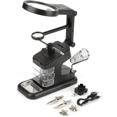 Elektrischer USB-Lötkolben-Arbeitsplatz mit 3-facher / 4,5-facher / 25-facher Lupe mit LED-Lupe und Lötkolbenständer für Hobbyreparatur und Basteln (schwarz)