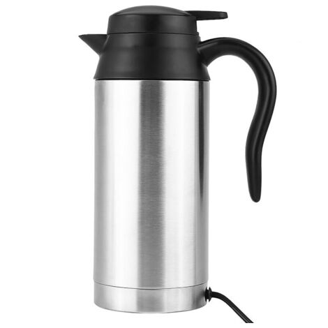 Elektrischer Wasserkocher aus Edelstahl mit Kfz-Zigarettenanzünderstecker, 12 V, 750 ml Fassungsvermögen, 120 W Tassenheizfunktion, Kessel mit automatischer Abschaltung, Silber