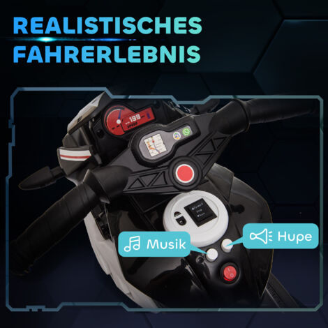 Elektrisches Kindermotorrad mit Licht- und Soundeffekten, Geschwindigkeit 3 km/h, wiederaufladbarer Akku, Material: Kunststoff und Metall, schwarz-weißes Design