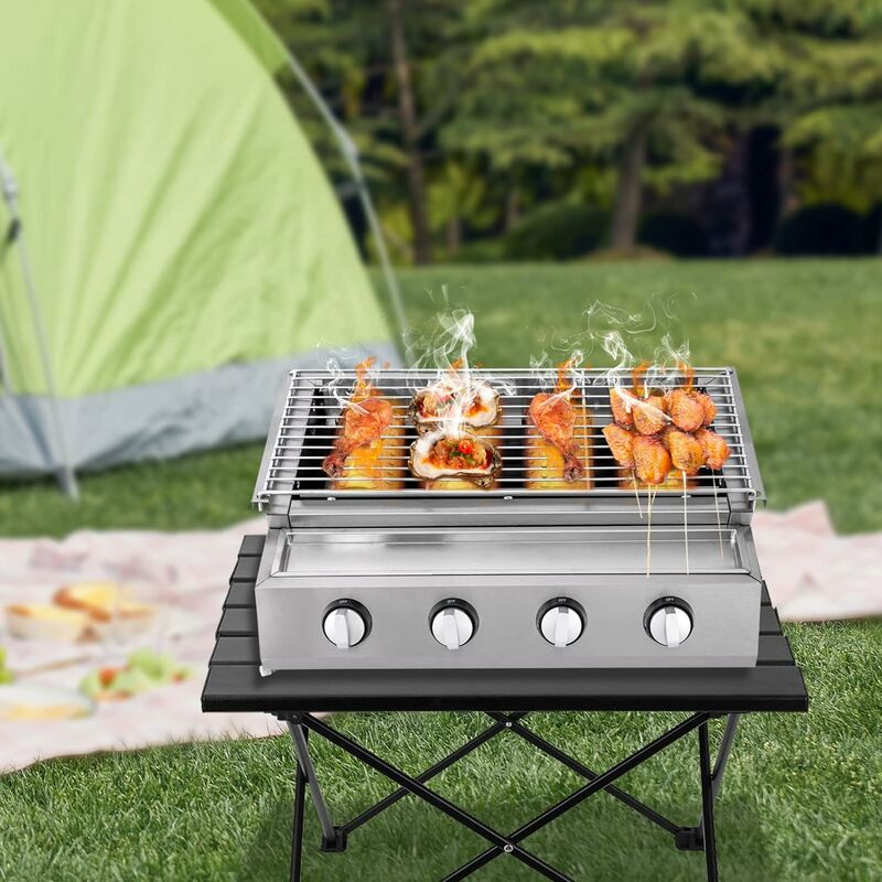 Gril de camping, chariot barbecue à 4 brûleurs, gril de table, barbecue à gaz propane, gril de jardin en acier inoxydable, 55,8 x 23,2 cm gril à gaz