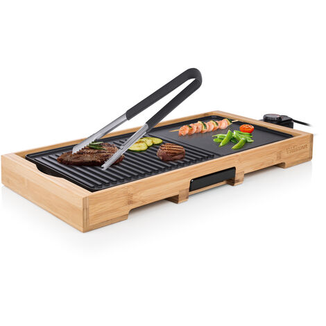 Elektro Tischgrill XL Bambus & Grillzange, Fettauffangschale 51x25cm 2200Watt