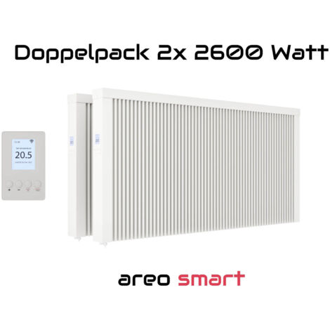 Elektroheizung Doppelpack 2x 2600 Watt Flächenspeicherheizung areo smart - digitales Thermostat mit LCD-Display - Option zur Appsteuerung von eVARMO