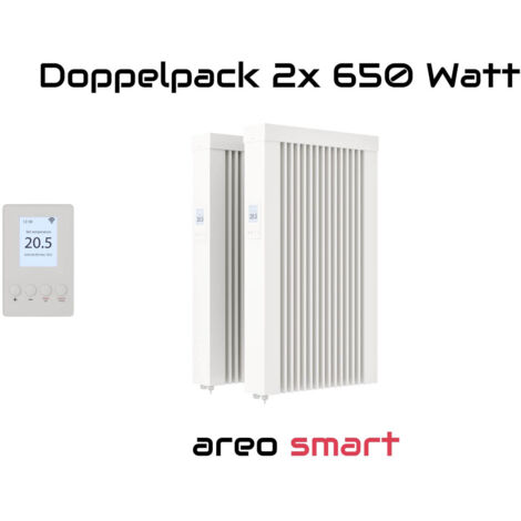 Elektroheizung Doppelpack 2x 650 Watt Flächenspeicherheizung areo smart - digitales Thermostat mit LCD-Display - Option zur Appsteuerung von eVARMO