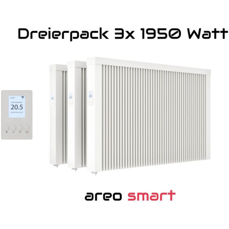 Elektroheizung Dreierpack 3x 1950 Watt Flächenspeicherheizung areo smart - digitales Thermostat mit LCD-Display - Option zur Appsteuerung von eVARMO