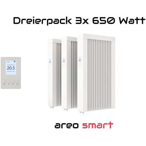 Elektroheizung Dreierpack 3x 650 Watt Flächenspeicherheizung areo smart - digitales Thermostat mit LCD-Display - Option zur Appsteuerung von eVARMO