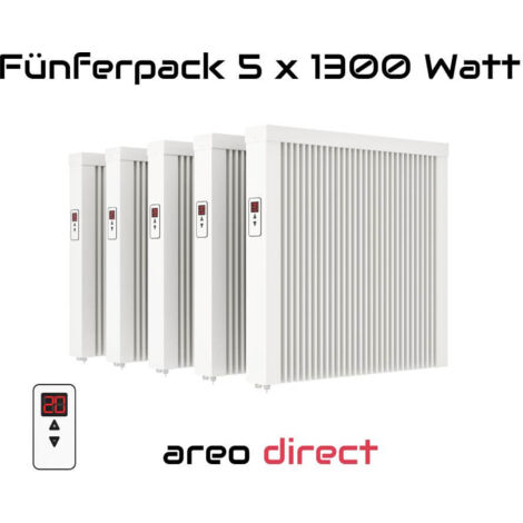 Elektroheizung Fünferpack 5x 1300 Watt Flächenspeicherheizung areo direct - simples Thermostat - Appsteuerung ohne Zusatzhardware möglich von eVARMO