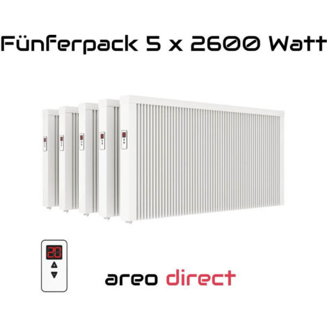 Elektroheizung Fünferpack 5x 2600 Watt Flächenspeicherheizung areo direct - simples Thermostat - Appsteuerung ohne Zusatzhardware möglich von eVARMO
