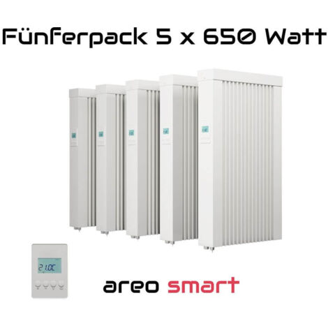 Elektroheizung Fünferpack 5x 650 Watt Flächenspeicherheizung areo direct  - simples Thermostat - Appsteuerung ohne Zusatzhardware möglich von eVARMO