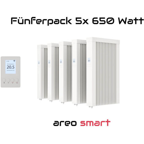Elektroheizung Fünferpack 5x 650 Watt Flächenspeicherheizung areo smart - digitales Thermostat mit LCD-Display - Option zur Appsteuerung von eVARMO