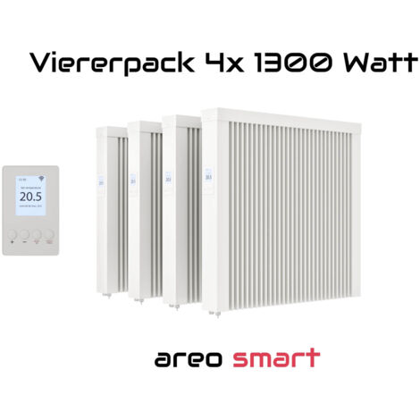 Elektroheizung Viererpack 4x 1300 Watt Flächenspeicherheizung areo smart - digitales Thermostat mit LCD-Display - Option zur Appsteuerung von eVARMO