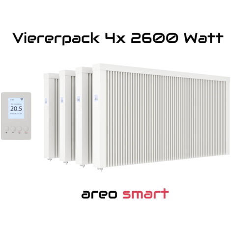 Elektroheizung Viererpack 4x 2600 Watt Flächenspeicherheizung areo smart - digitales Thermostat mit LCD-Display - Option zur Appsteuerung von eVARMO