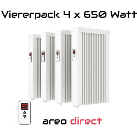 Elektroheizung Viererpack 4x 650 Watt Flächenspeicherheizung areo direct - simples Thermostat - Appsteuerung ohne Zusatzhardware möglich von eVARMO