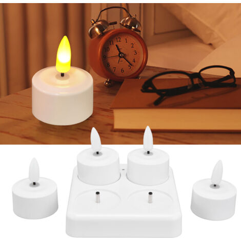 Elektronische, flammenlose LED-Kerzen mit Ladestation und 100–240-V-EU-Stecker für Partys, Hochzeiten und Dekoration, Tablett mit 4 Kerzen, gelbes Flackerlicht