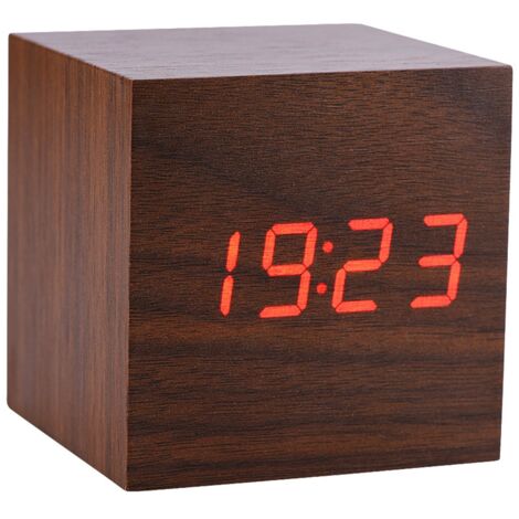 Elektronischer Digitalwecker aus Holz, 6 x 6 x 6 cm, mit LED-Anzeige, Sprachsteuerung und Temperaturanzeige, braun