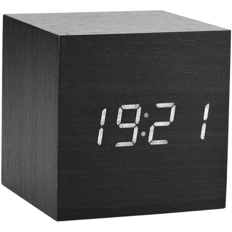 Elektronischer Digitalwecker aus Holz, 6 x 6 x 6 cm, mit LED-Temperaturanzeige und Sprachsteuerung, Schwarz