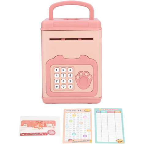 Elektronischer Kinder-Geldautomat mit Fingerabdruck- und Musikfunktion, interaktives Sparschwein mit Geheimcode und automatischem pinkfarbenem Scrollen.