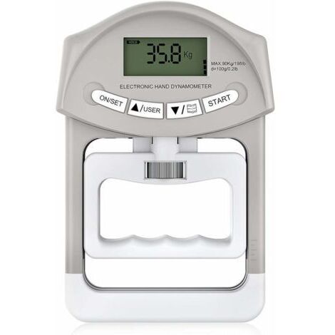 Elektronisches Handdynamometer mit einer Greifkapazität von 90 kg / 200 lbs und 19 einzelnen Scheibensätzen.
