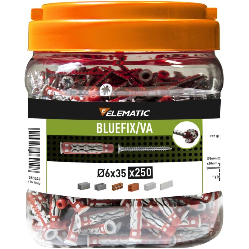Ferramenta1.com - Elematic Bluefix/Va tasselli ancorante bimateria 6x35 completi di vite testa svasata piana 250 pz in barattolo
