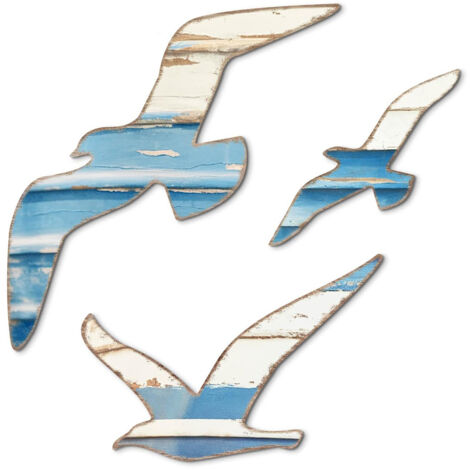 Élément de décoration mural trois pièces bois motif oiseau marin style vintage pour maison lac océan thème maritime