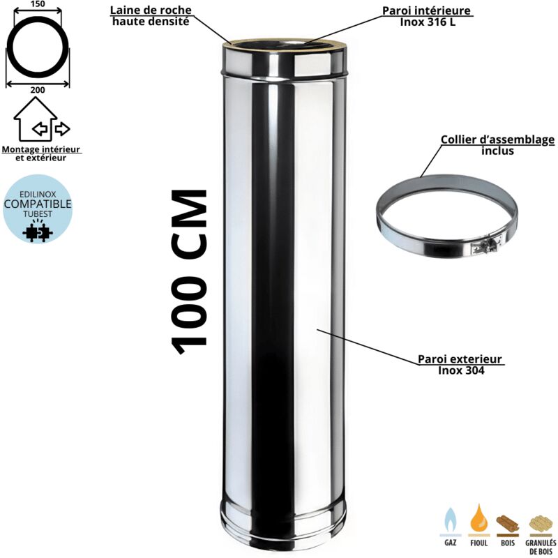 Elément droit 100 cm conduit double paroi isolé Ediliso25 Edilinox Diamètre 150