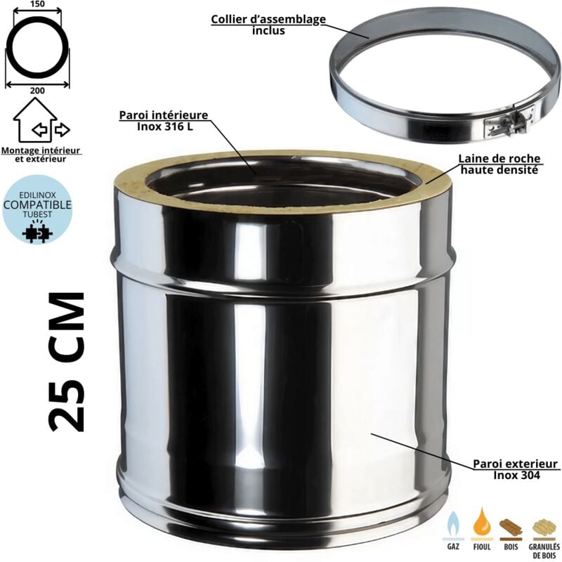 Elément droit 25 cm conduit double paroi isolé Ediliso25 Edilinox Diamètre 150