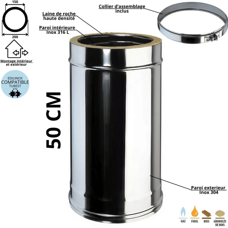 Elément droit 50 cm conduit double paroi isolé Ediliso25 Edilinox Diamètre 150